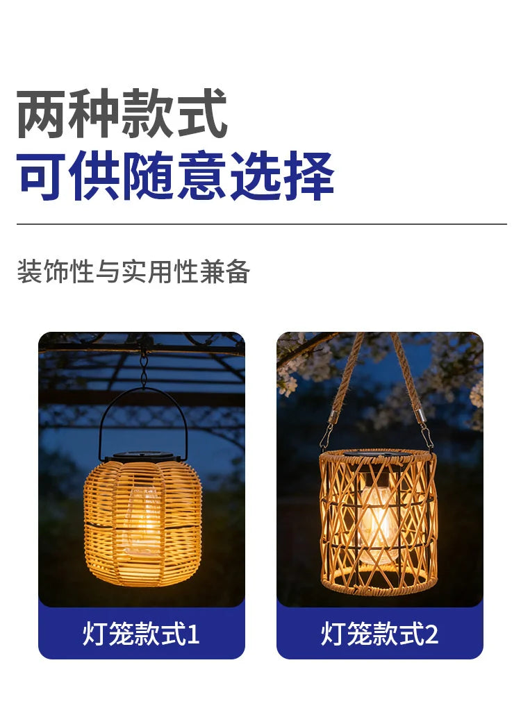 Solar Iron Rattan Outdoor Hanging Lamp Bamboo Pendant Light Warm Ambient Night Glow Garden Patio Balcony Home For Couples
