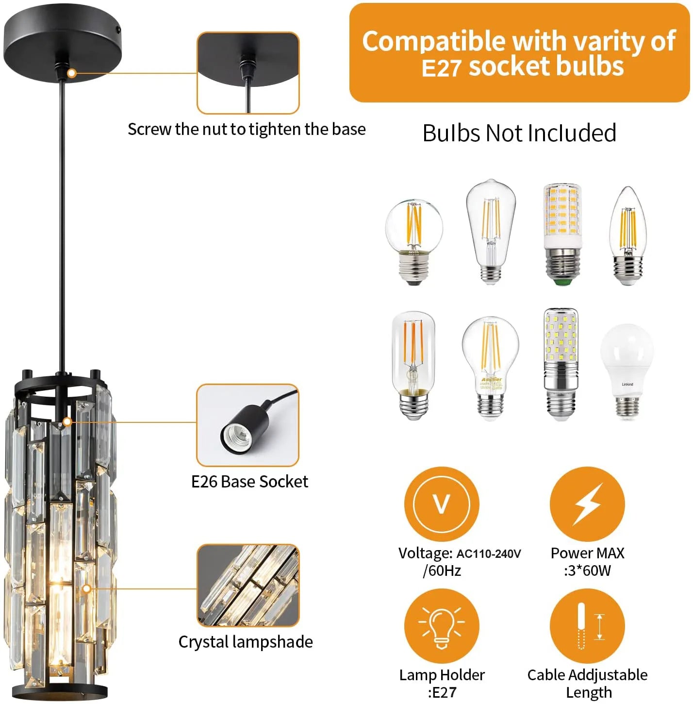 Crystal Pendant Lamp American Industrial-style Home Décor Lighting Fixtures for Kitchens, Dining Rooms, Parlor and Bedrooms