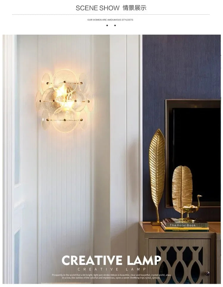 Creative Matte Metal Golden Base with LED Bubble Water Pattern Glass Round Shade Wall Sconce Bedside Lamp