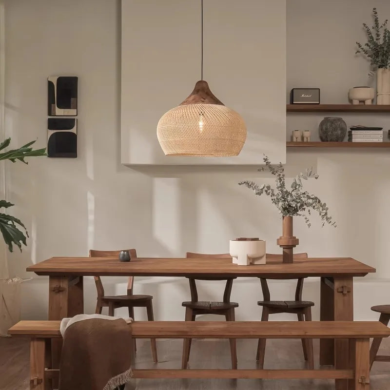 Japanese Wabi-Sabi Rattan Pendant Light - Hand-Woven E27 Boho Lamp for Restaurant Coffee Shop Dining Room Kitchen Island