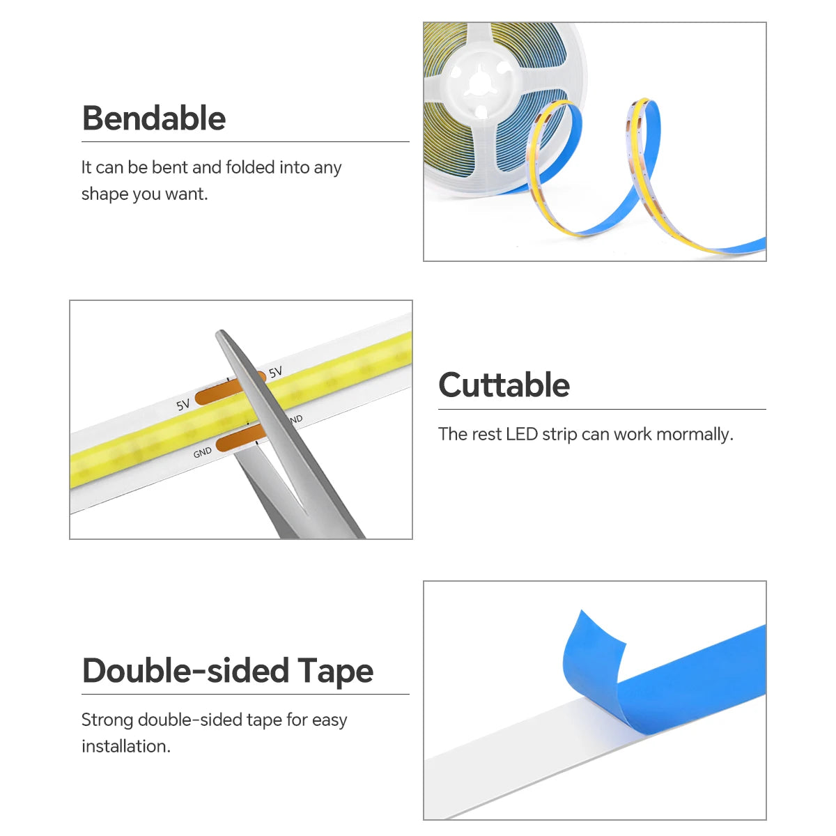 USB Power COB Tape with Tap-twice Vibration Sensor Switch Hight Brightness 320LEDs/M for Dressing Table Makeup Mirror Backlight