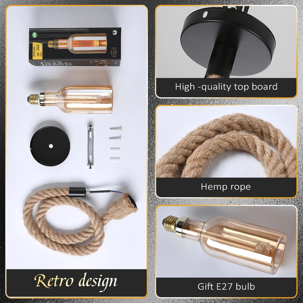 Retro Rustic Hanging Light for Bar Restaurant Decoration Hemp Rope Pendant Light E27 Bulb Glass Lampshade