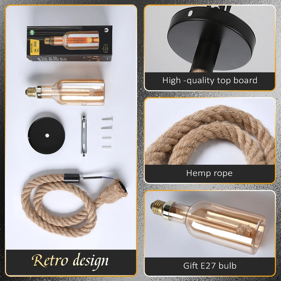 Retro Rustic Hanging Light for Bar Restaurant Decoration Hemp Rope Pendant Light E27 Bulb Glass Lampshade