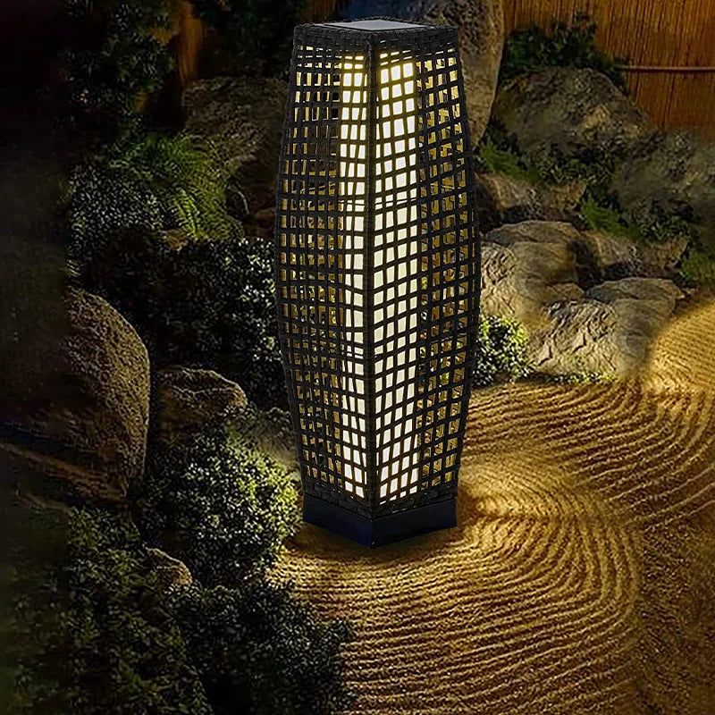 Creative New LED Solar Imitation Rattan Hollow Floor Lamp for Outdoor Courtyard Garden Projection Atmosphere Lighting
