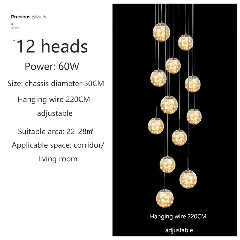 Modern LED Glass Ball Dimmable Chandelier Staircase Lustre Living Room Chandelier Lustre Home Decoration Ceiling Chandelier