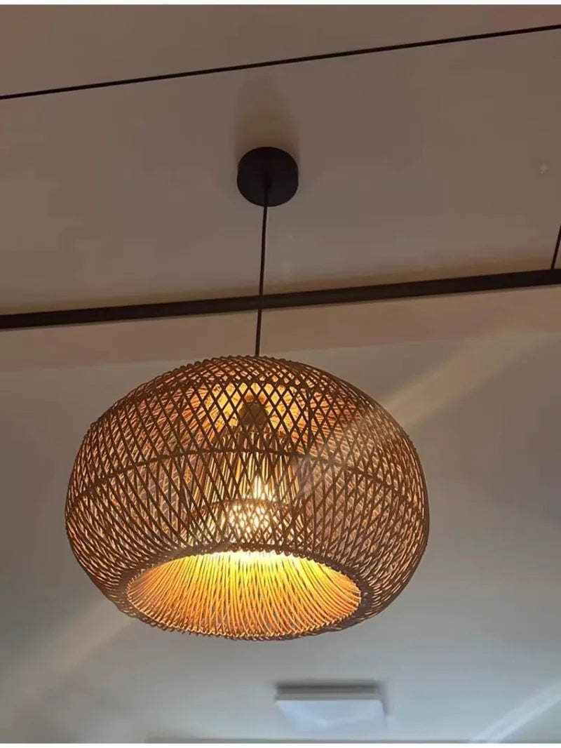 Japanese Wabi-Sabi Rattan Pendant Light - Hand-Woven E27 Boho Lamp for Restaurant Coffee Shop Dining Room Kitchen Island