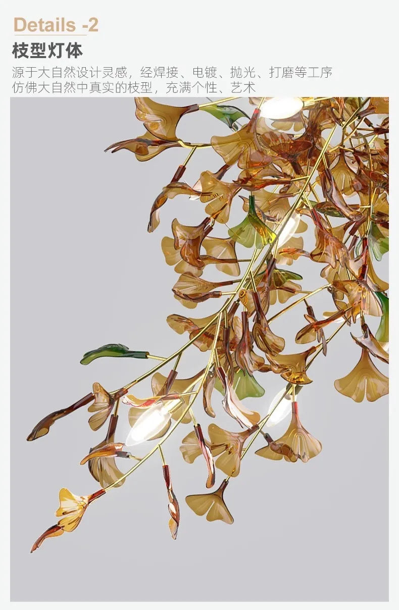 Living room chandelier ginkgo leaf branch lamp duplex floor villa stairs dining room lamp