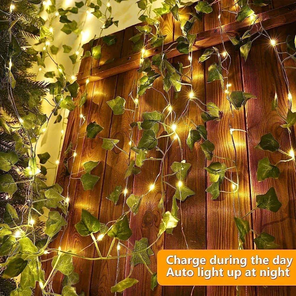 Solar LED Simulated Green Leaf Vine Copper Wire Light Courtyard Balcony Fence Wall Atmosphere Decoration IP44 Outdoor light