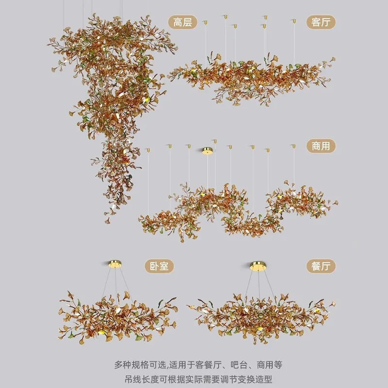 Living room chandelier ginkgo leaf branch lamp duplex floor villa stairs dining room lamp
