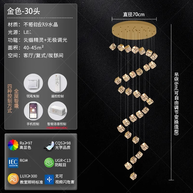 Stair chandelier long chandelier Rubik's cube creative personality light crystal lamp duplex villa loft apartment