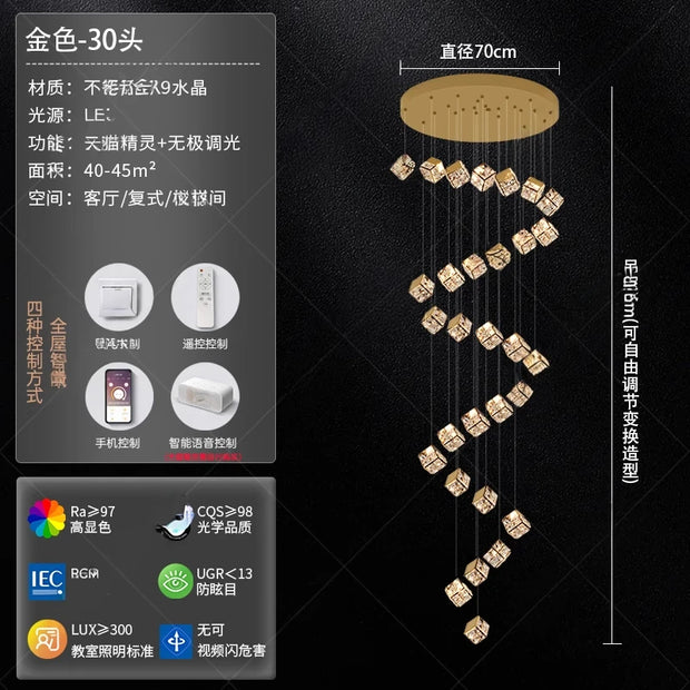 Stair chandelier long chandelier Rubik's cube creative personality light crystal lamp duplex villa loft apartment