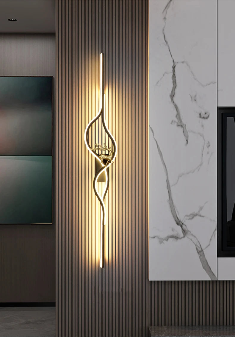 Modern Living Room Long Wall Lights with Anlter Design Gold Black TV Background Decorative Wall Lamp for Bedroom Remote Control
