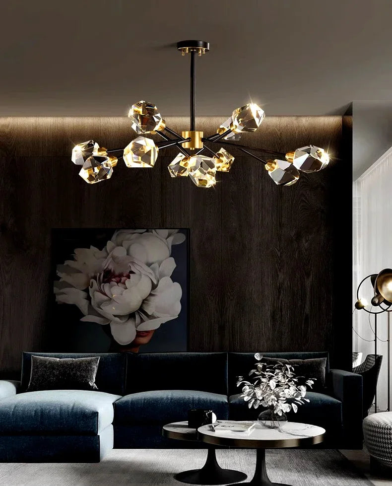 All-copper Molecular Long Crystal Chandelier Light Luxury Creative Post-modern Atmosphere Living Room LED Pendant Lights