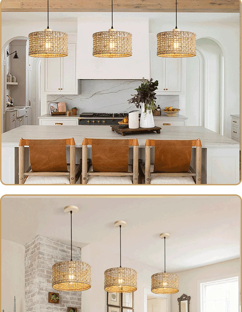 Wicker Rattan Pendant Lamp Teahouse Homestays Decorative Pastoral Retro Pendant Light Kitchen Corridor Bedroom Dining Chandelier