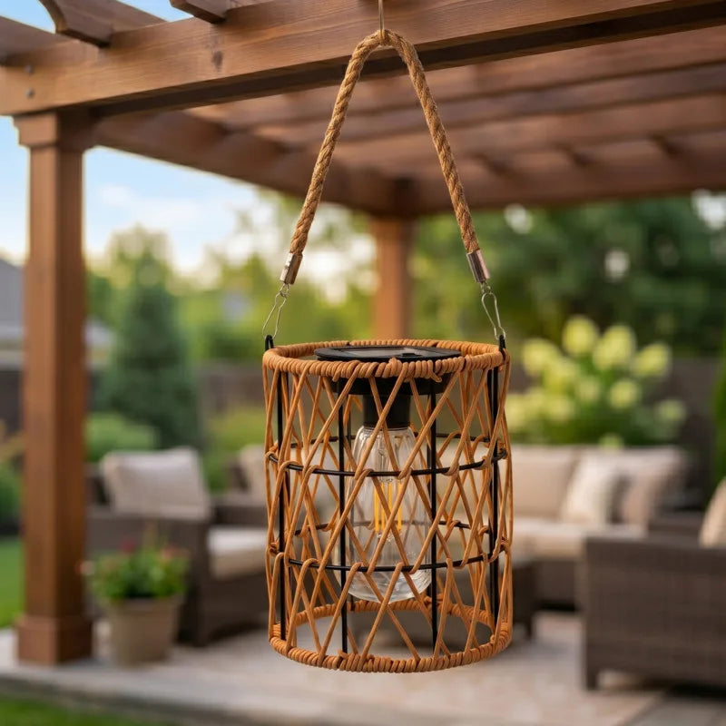 Solar Iron Rattan Outdoor Hanging Lamp Bamboo Pendant Light Warm Ambient Night Glow Garden Patio Balcony Home For Couples