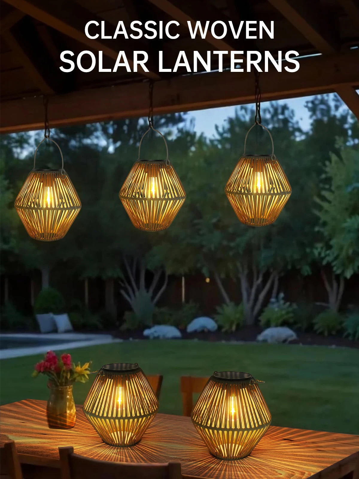 Outdoor Solar Rattan Lanterns, Waterproof Hanging Boho Solar Lights for Garden, Patio, Yard, Porch Decorative Lighting