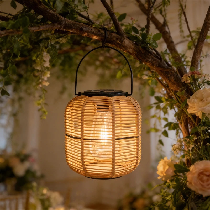 Solar Iron Rattan Outdoor Hanging Lamp Bamboo Pendant Light Warm Ambient Night Glow Garden Patio Balcony Home For Couples
