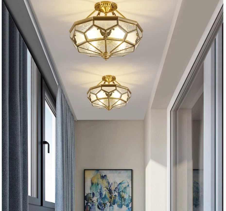 American-Style Semi-Flushed Ceiling Lamp D35cm H30cm De Copper Glass Balcony Bedroom Lamp Restaurant Balcony Study Ceiling Light