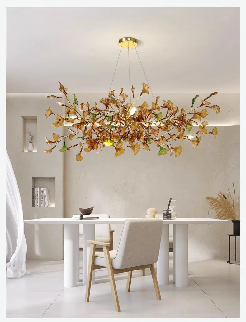 Living room chandelier ginkgo leaf branch lamp duplex floor villa stairs dining room lamp