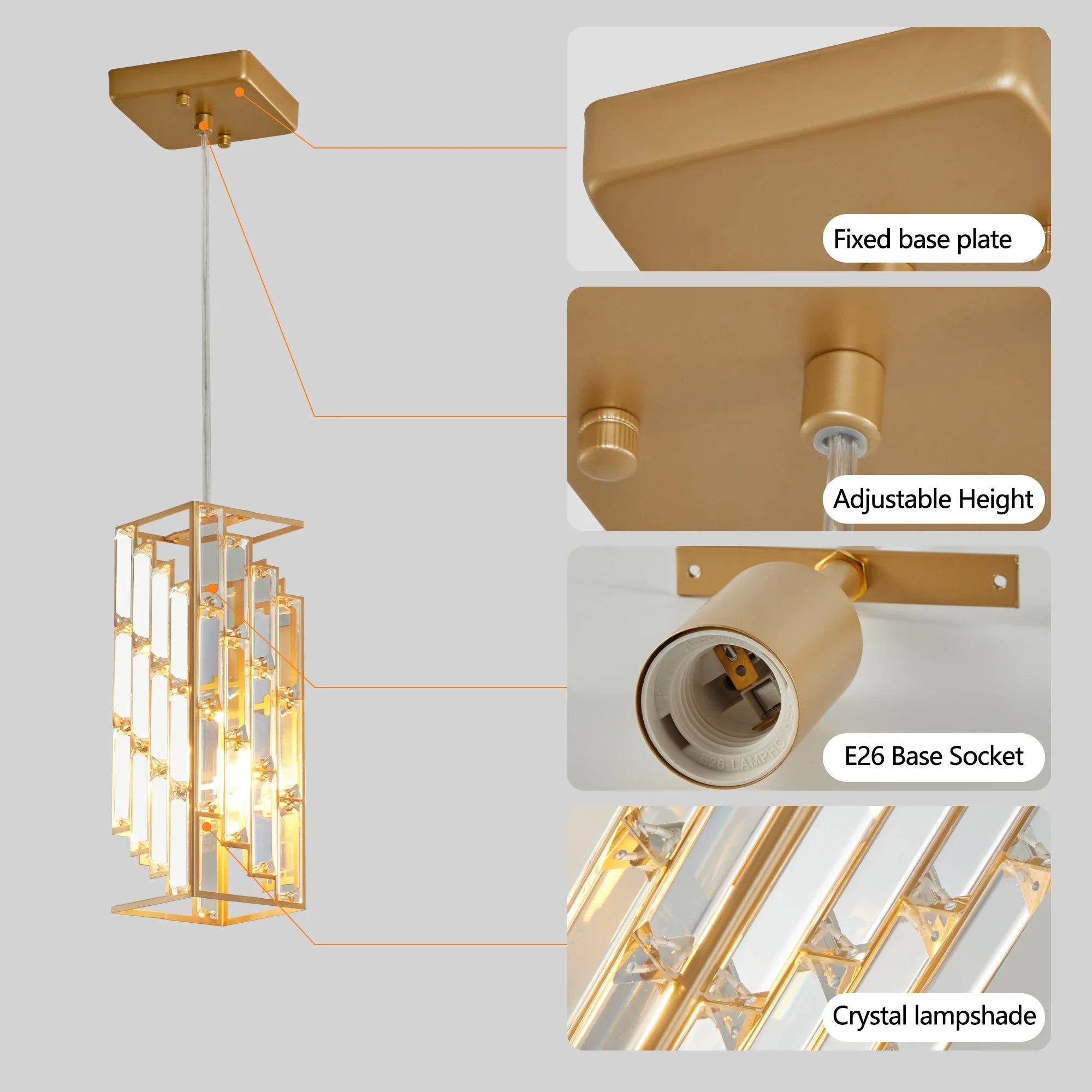 Modern Crystal Pendant Light - 3 Pack, Adjustable Hanging Ceiling Lamp with Crystal Prism Design -Golden Finish
