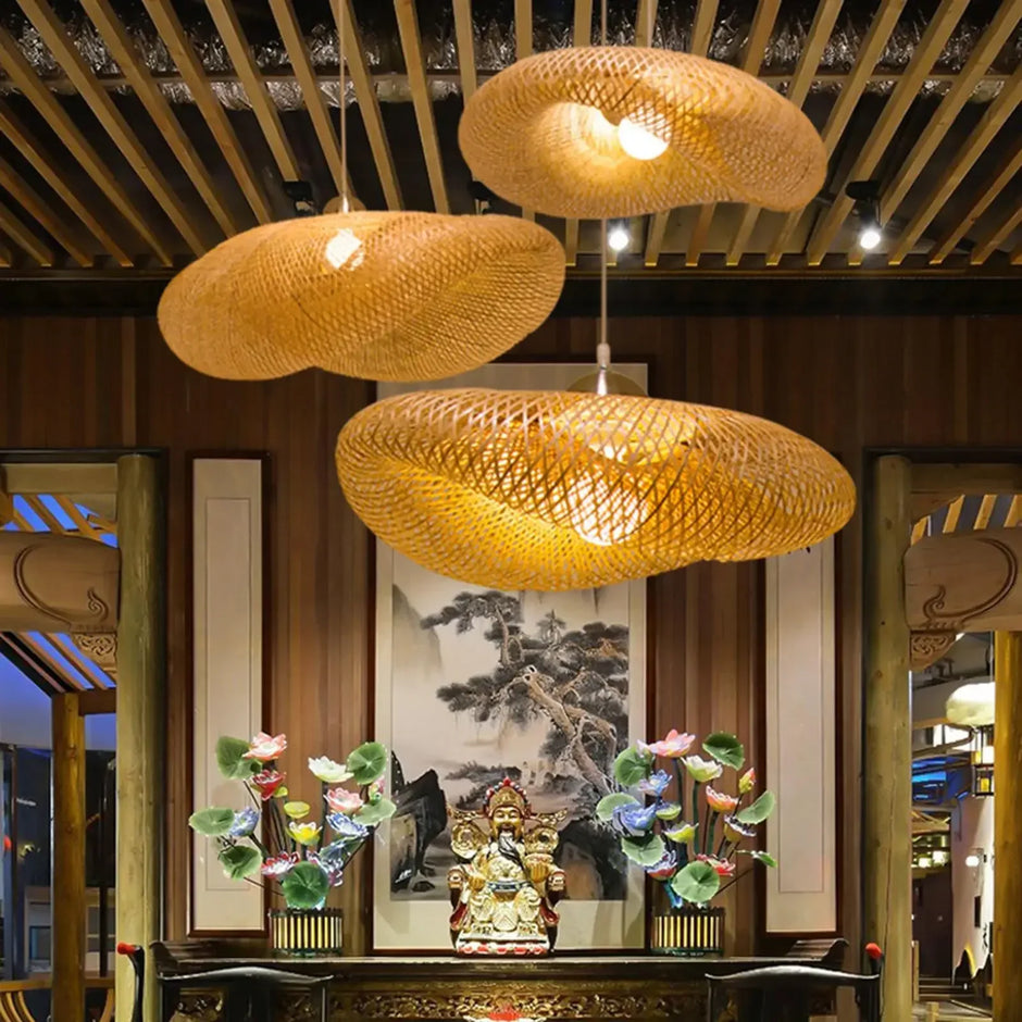 HandMade Vintage Bamboo Weaving LED Pendant Light Home Hanging Chandelier Lighting Living Room Kitchen Rattan Woven  Lamp
