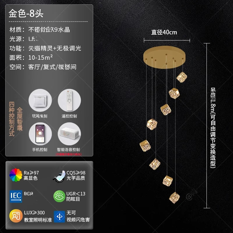 Stair chandelier long chandelier Rubik's cube creative personality light crystal lamp duplex villa loft apartment