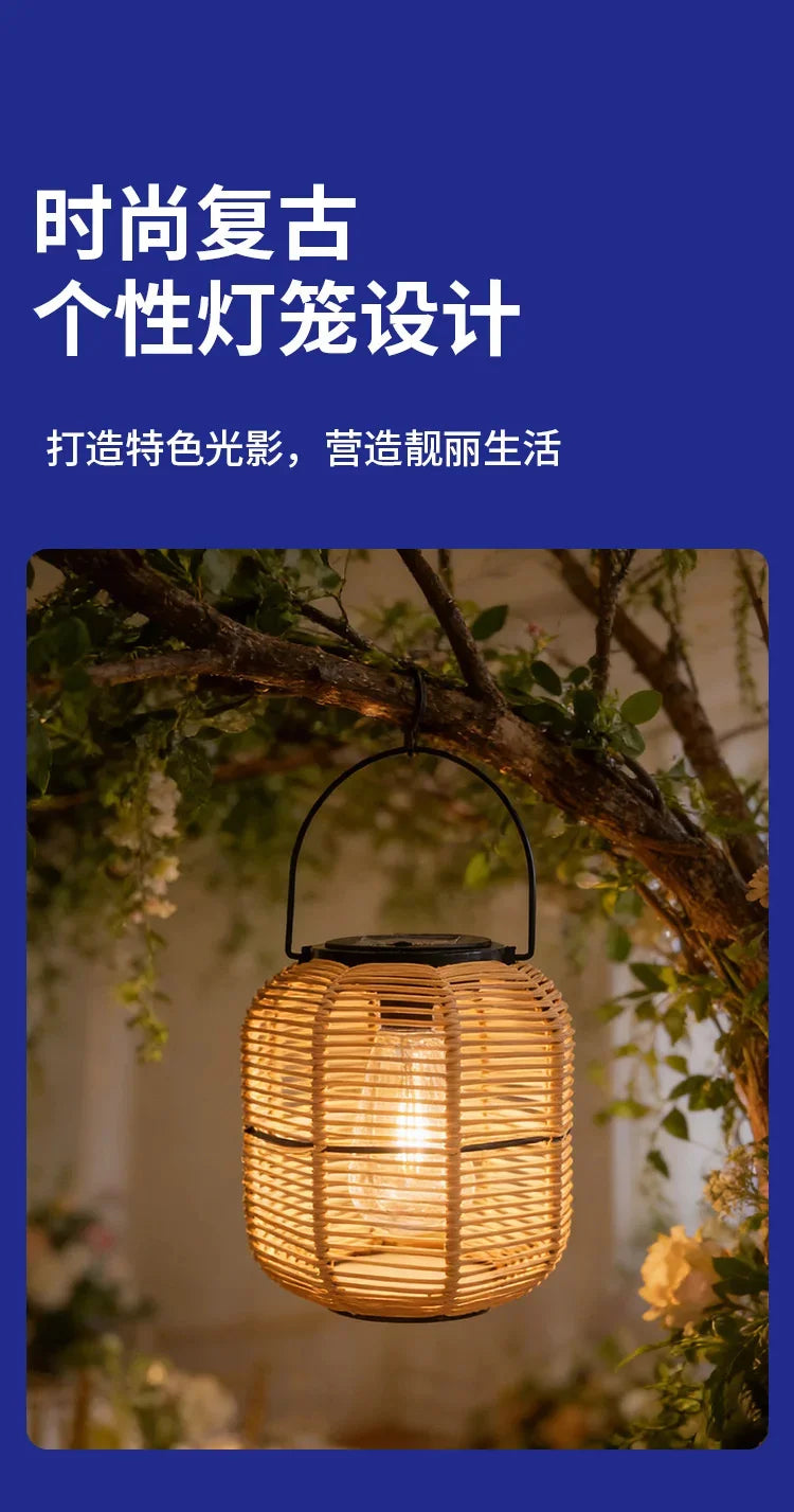 Solar Iron Rattan Outdoor Hanging Lamp Bamboo Pendant Light Warm Ambient Night Glow Garden Patio Balcony Home For Couples