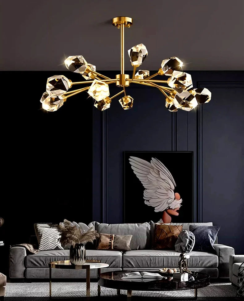 All-copper Molecular Long Crystal Chandelier Light Luxury Creative Post-modern Atmosphere Living Room LED Pendant Lights