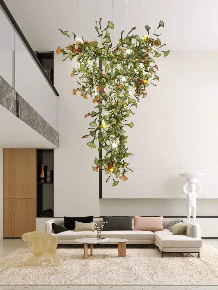 Living room chandelier ginkgo leaf branch lamp duplex floor villa stairs dining room lamp