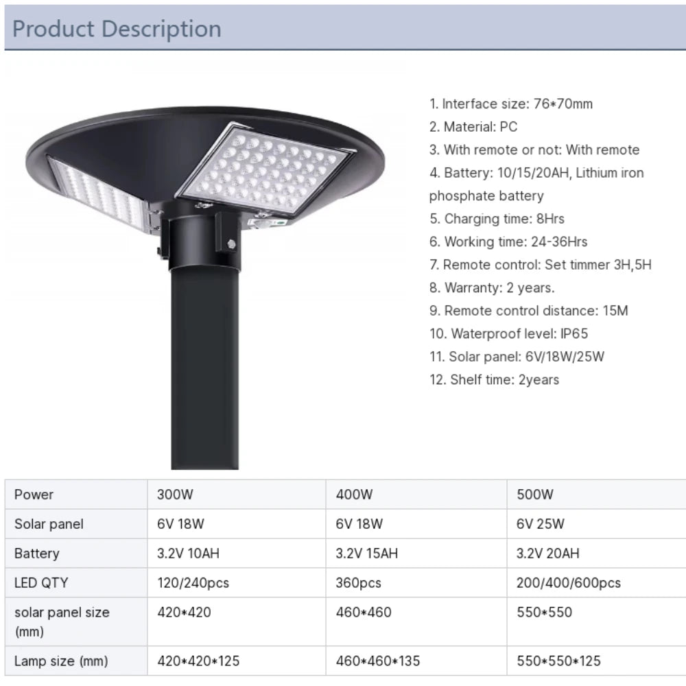 Solar Street Light 300W 400W 500W Waterproof Yard Lamp PIR Motion Sensor Garden Outdoor UFO Lighting with Remote