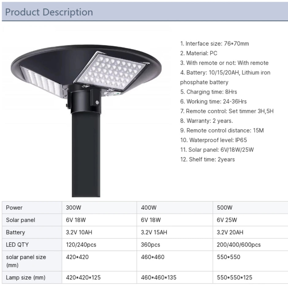 Solar Street Light 300W 400W 500W Waterproof Yard Lamp PIR Motion Sensor Garden Outdoor UFO Lighting with Remote