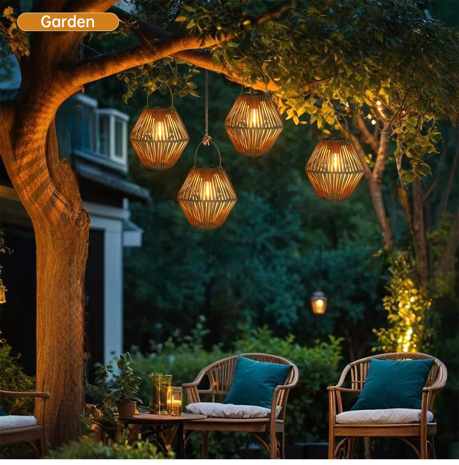 Outdoor Solar Rattan Lanterns, Waterproof Hanging Boho Solar Lights for Garden, Patio, Yard, Porch Decorative Lighting