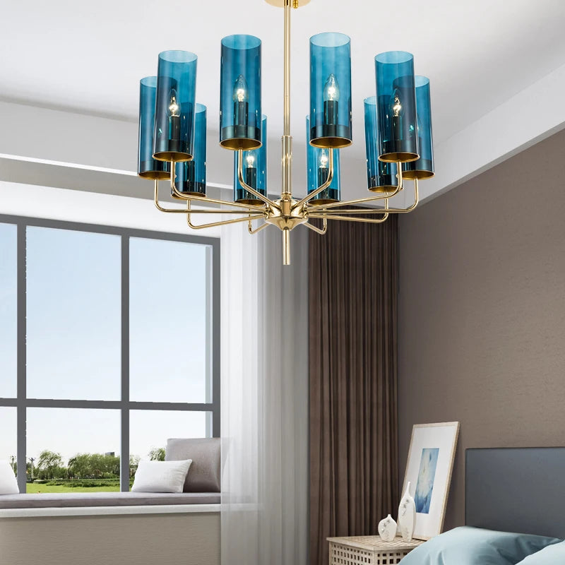Nordic LED Glass Chandelier Blue/Amber Modern Hanging Lamp Suspension Living Dining Bedroom Pendant Lighting Fixtures