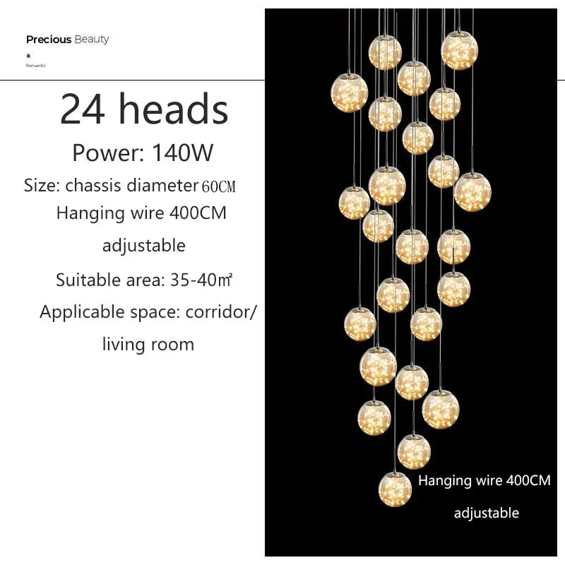 Modern LED Glass Ball Dimmable Chandelier Staircase Lustre Living Room Chandelier Lustre Home Decoration Ceiling Chandelier