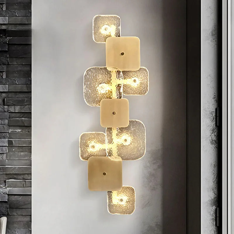 Postmodern Copper Crystal Square Wall Lamp Bedroom Bedside Hotel Villa Indoor Lighting Living Room Background Dector