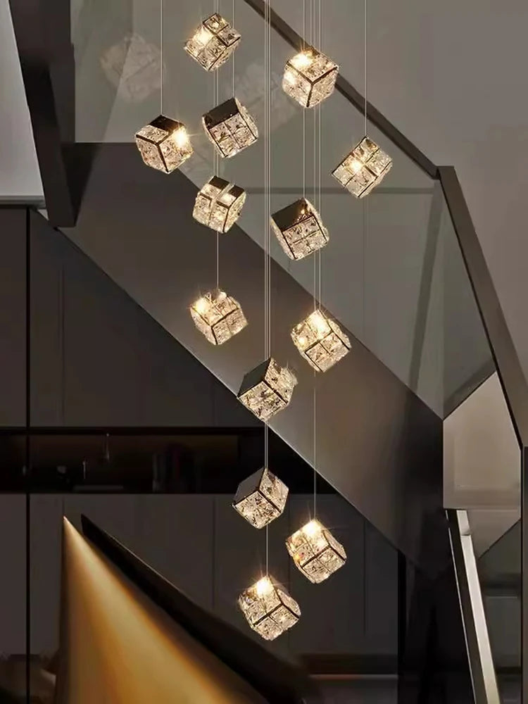 Stair chandelier long chandelier Rubik's cube creative personality light crystal lamp duplex villa loft apartment