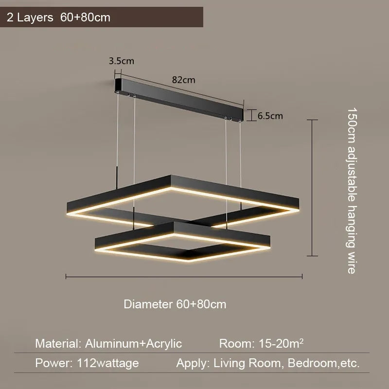 2026 LED Square Pendant Light For Dining Room Bedroom Living Room Home Loft Decor Modern Black Aluminum Hanging Lamp