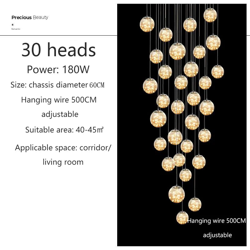 Modern LED Glass Ball Dimmable Chandelier Staircase Lustre Living Room Chandelier Lustre Home Decoration Ceiling Chandelier