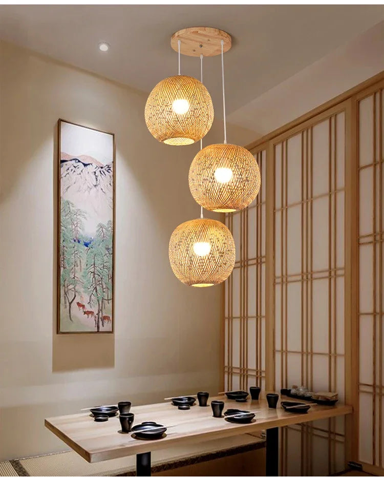 Japanese Chandelier Natural Bamboo Rattan Pendant Lights Handmade Weaving Hanging Lamps Wicker Shades E27 Lighting Suspension