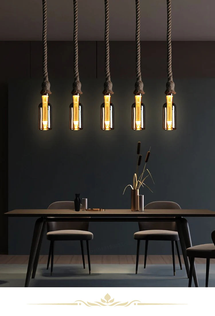 Retro Rustic Hanging Light for Bar Restaurant Decoration Hemp Rope Pendant Light E27 Bulb Glass Lampshade