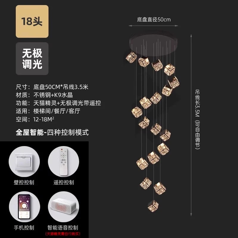 Stair chandelier long chandelier Rubik's cube creative personality light crystal lamp duplex villa loft apartment