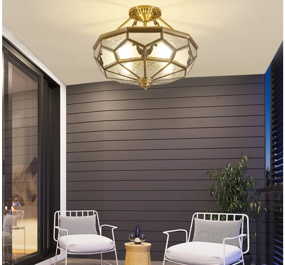 American-Style Semi-Flushed Ceiling Lamp D35cm H30cm De Copper Glass Balcony Bedroom Lamp Restaurant Balcony Study Ceiling Light