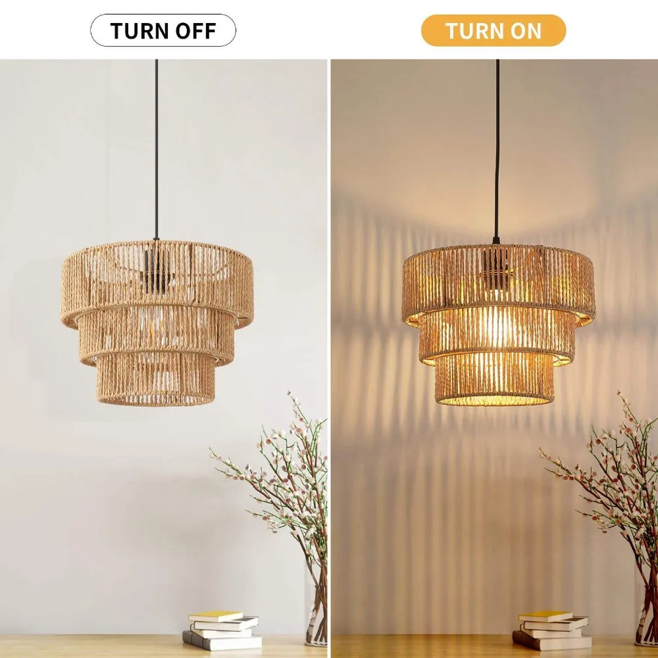 Handmade Natural Hemp Rope Chandelier Lamp Household Wood Woven Light for Homestay Cafe Bar Hotel Teahouse Indoor Decor Light