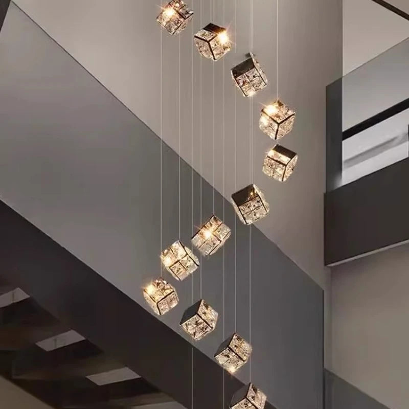 Stair chandelier long chandelier Rubik's cube creative personality light crystal lamp duplex villa loft apartment