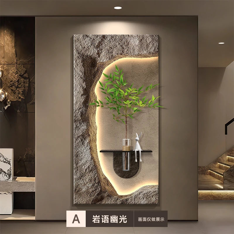 2024 Hydroponic green decorative painting background cream senior living room hanging painting sandstone new LED lights
