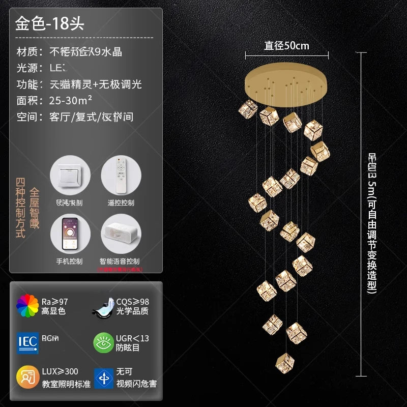 Stair chandelier long chandelier Rubik's cube creative personality light crystal lamp duplex villa loft apartment