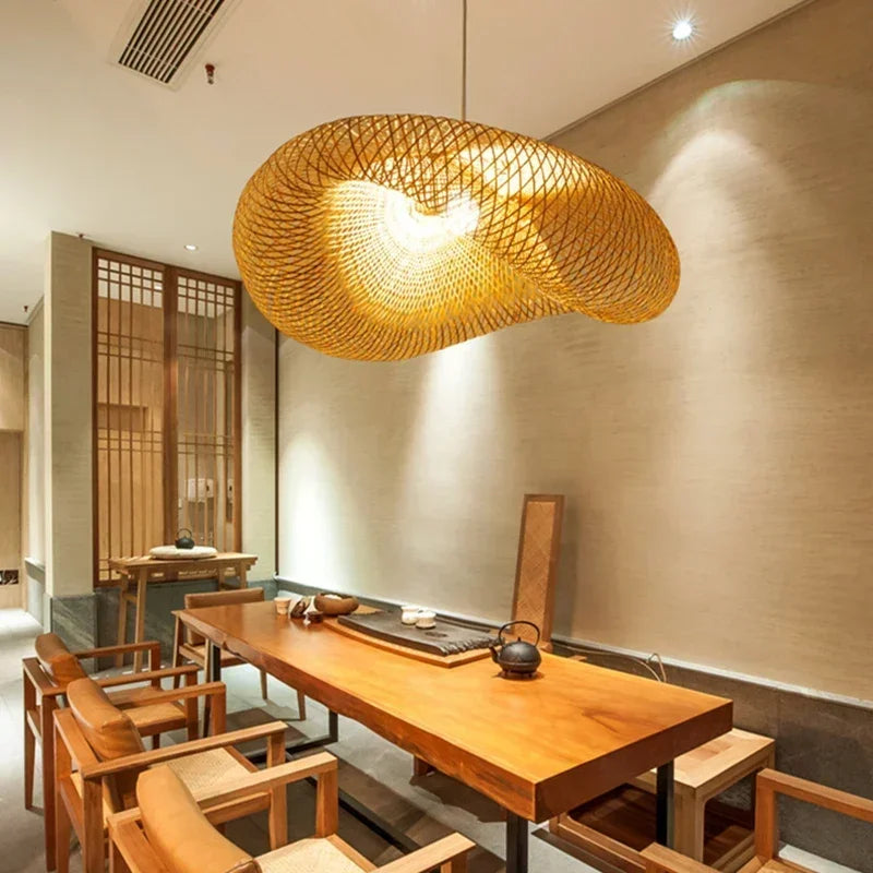 HandMade Vintage Bamboo Weaving LED Pendant Light Home Hanging Chandelier Lighting Living Room Kitchen Rattan Woven  Lamp
