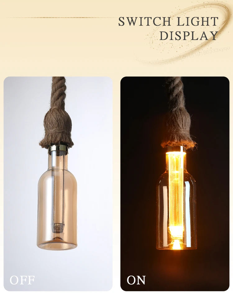 Retro Rustic Hanging Light for Bar Restaurant Decoration Hemp Rope Pendant Light E27 Bulb Glass Lampshade