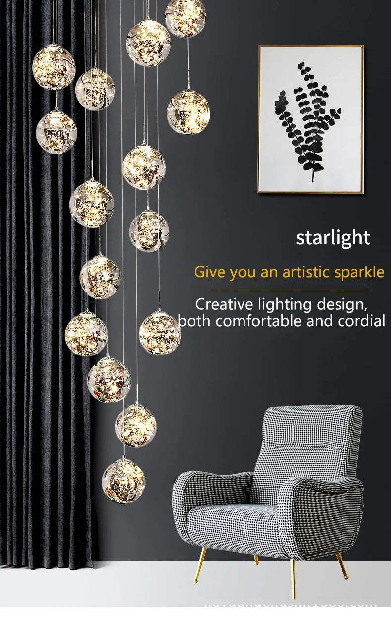 Starry Sky Staircase Chandelier Nordic Design Duplex Corridor Light Pendant Lights Apartment Hall