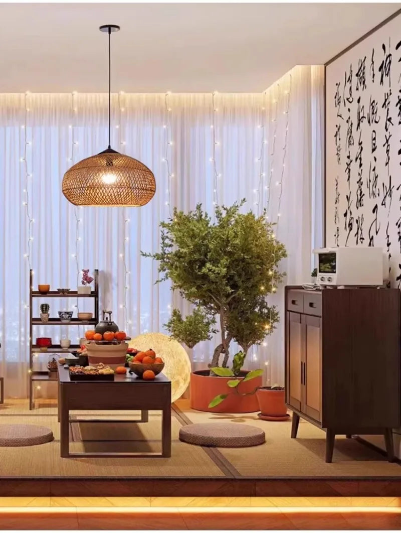 Japanese Wabi-Sabi Rattan Pendant Light - Hand-Woven E27 Boho Lamp for Restaurant Coffee Shop Dining Room Kitchen Island
